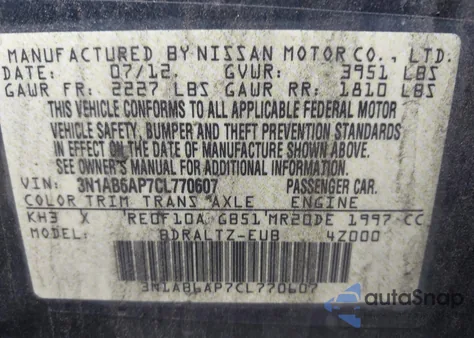 2012 Nissan Sentra 2.0 Sr from USA, damaged, VIN 3N1AB6AP7CL770607